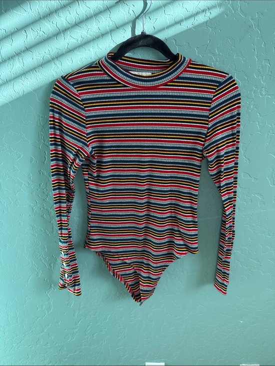 Tops - Striped Long-Sleeve Mock Neck Bodysuit in Multicolor